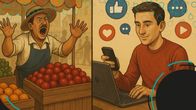 Ilustración comparativa mostrando la evolución del marketing: a la izquierda, un vendedor tradicional gritando en un mercado de frutas; a la derecha, un joven usando un smartphone y una laptop rodeado de íconos de redes sociales como me gusta, comentario y video, representando el marketing digital actual.