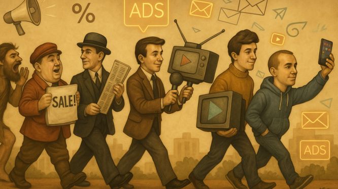 Ilustración artística que muestra la evolución del marketing a través del tiempo: desde un hombre primitivo gritando, pasando por vendedores medievales, publicistas de periódicos, presentadores de televisión y hasta un joven moderno usando un smartphone, simbolizando la transformación de la publicidad tradicional al marketing digital