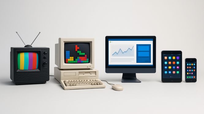 Imagen que muestra la evolución tecnológica en cinco dispositivos: un televisor antiguo, una computadora retro, una pantalla moderna con gráficos, una tablet y un smartphone, representando el paso del marketing tradicional al digital. 