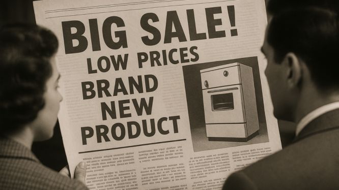 Fotografía en blanco y negro de estilo retro que muestra a una pareja observando un anuncio de periódico con grandes letras promocionando una venta de un nuevo producto, representando el marketing impreso tradicional de mediados del siglo XX. 