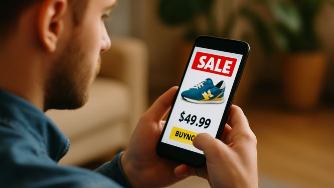 Hombre joven usando su smartphone para ver un anuncio digital de unos tenis con precio de oferta. En la pantalla se lee "SALE $49.99" junto a un botón de compra, representando una experiencia moderna de marketing digital interactivo. 