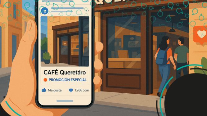 Ilustración de una mano sosteniendo un celular con un anuncio de un café local en Querétaro en redes sociales, mientras en segundo plano se ve el negocio físico con personas entrando.