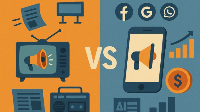 Ilustración comparativa entre publicidad tradicional y digital: del lado izquierdo aparecen medios como televisión, radio y prensa; del lado derecho, un smartphone con íconos de redes sociales y gráficas de crecimiento, destacando la efectividad de la publicidad online.