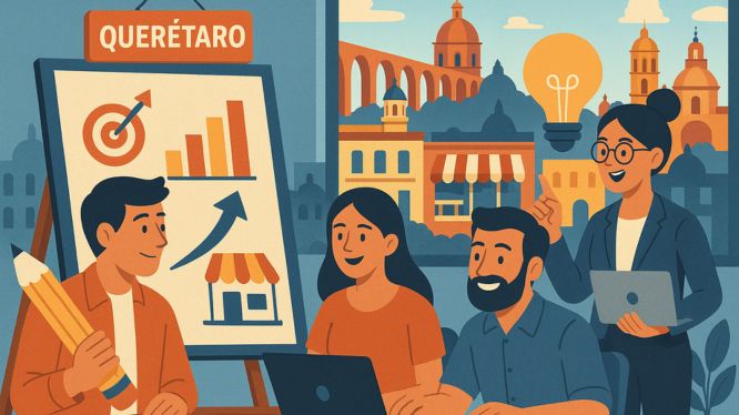 Ilustración de una reunión creativa entre publicistas en Querétaro, con gráficos de crecimiento en un pizarrón, personas trabajando con laptops y al fondo los íconos arquitectónicos de la ciudad, como Los Arcos y cúpulas coloniales.
