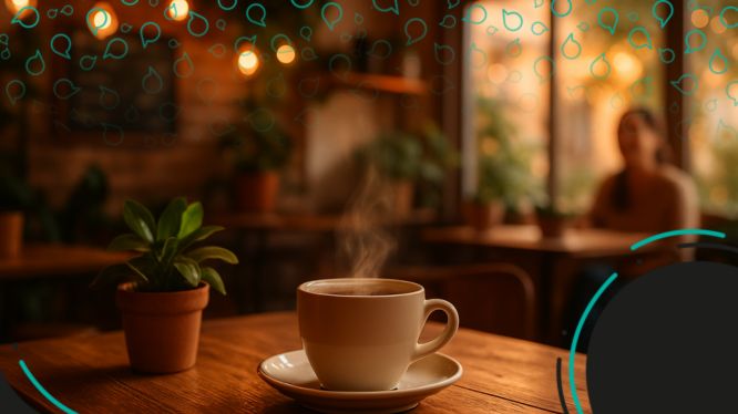 Hombre joven con suéter marrón y expresión de placer mientras huele una taza humeante de café. Está sentado en una cafetería con luz cálida, ojos cerrados y una sonrisa sutil, disfrutando profundamente del aroma del café.
