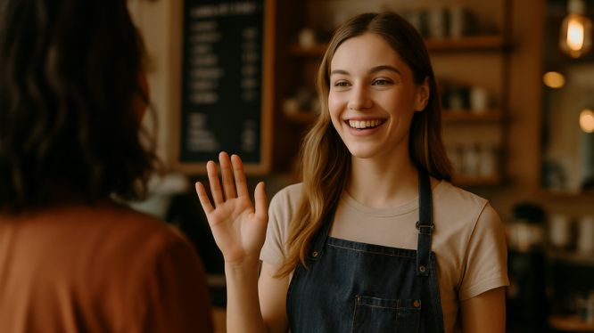 Barista joven con delantal oscuro saludando con una sonrisa a una clienta en una cafetería acogedora. La escena transmite calidez, amabilidad y una atención personalizada desde el primer momento. 