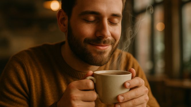 Hombre joven con suéter marrón y expresión de placer mientras huele una taza humeante de café. Está sentado en una cafetería con luz cálida, ojos cerrados y una sonrisa sutil, disfrutando profundamente del aroma del café.