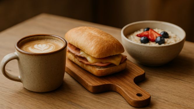 Desayuno servido en una mesa de madera: café con arte latte en taza de cerámica, sándwich en tabla rústica y bowl de avena con frutas frescas. Presentación visualmente cuidada y acogedora, ideal para fotografía estilo lifestyle.