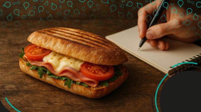 Primer plano de un sándwich gourmet en pan ciabatta tostado, relleno con jamón, queso derretido, rodajas de tomate y hojas verdes, sobre una mesa de madera junto a una mano escribiendo en una libreta.
