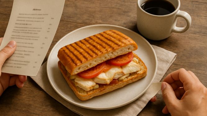 Primer plano de un sándwich gourmet en pan ciabatta tostado, relleno con jamón, queso derretido, rodajas de tomate y hojas verdes, sobre una mesa de madera junto a una mano escribiendo en una libreta.
