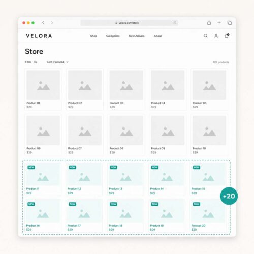 Mockup del add-on de carga de veinte productos extra de Plus Marketing