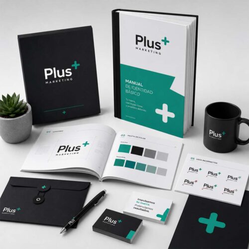 Mockup del servicio de logo con manual de identidad básico de Plus Marketing