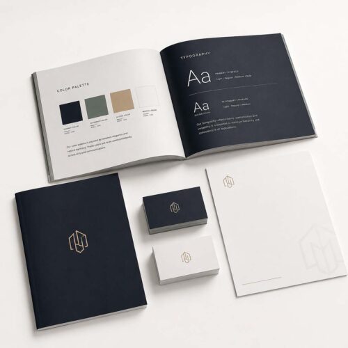 Mockup del servicio de logo con manual de identidad premium de Plus Marketing