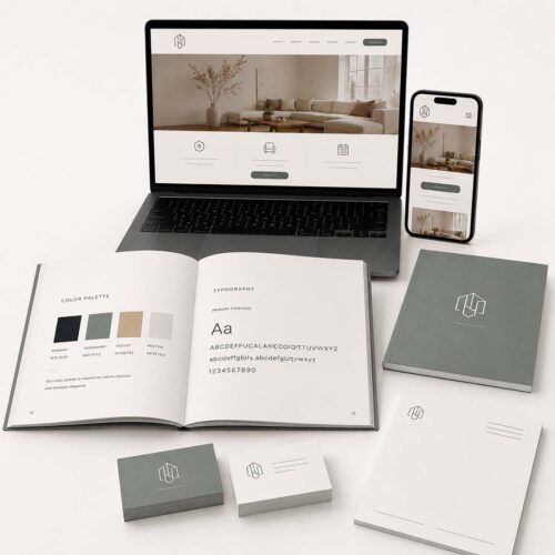Mockup del paquete emprendedor con logo, manual básico y landing de Plus Marketing