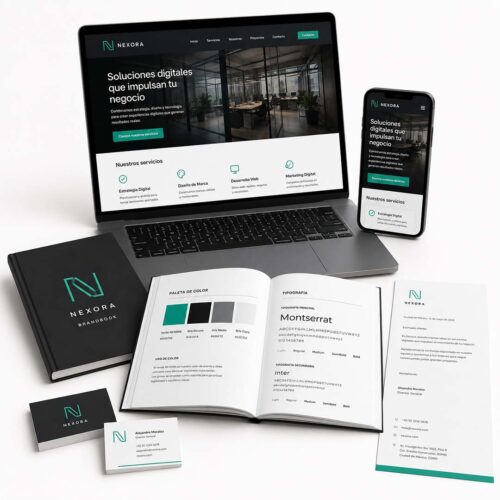 Mockup del paquete startup con logo premium y web corporativa de Plus Marketing